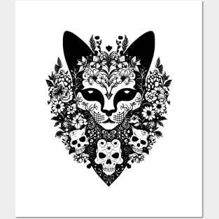 Creepy demon cat with demon skulls and flowers Posters and Art